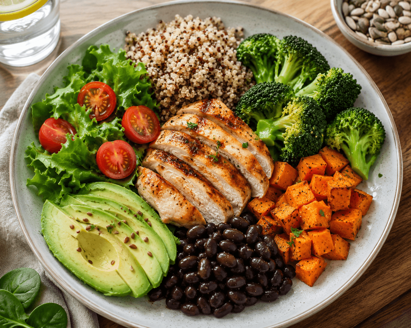 Alimentos saudaveis sobre fundo claro para cuidado diario com diabetes
